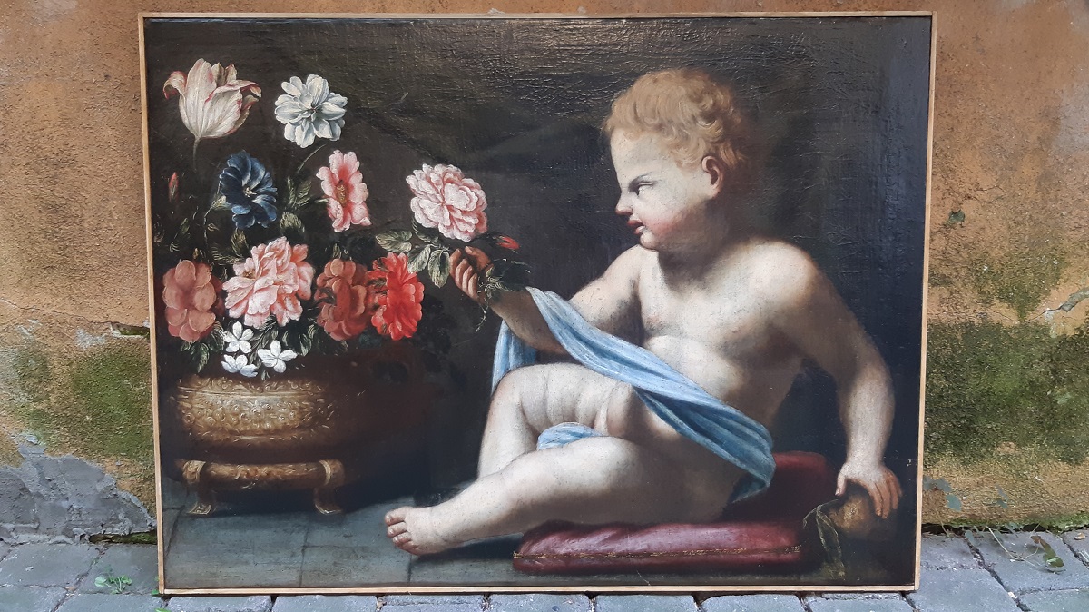 Dipinto antico “Bambino con fiori”